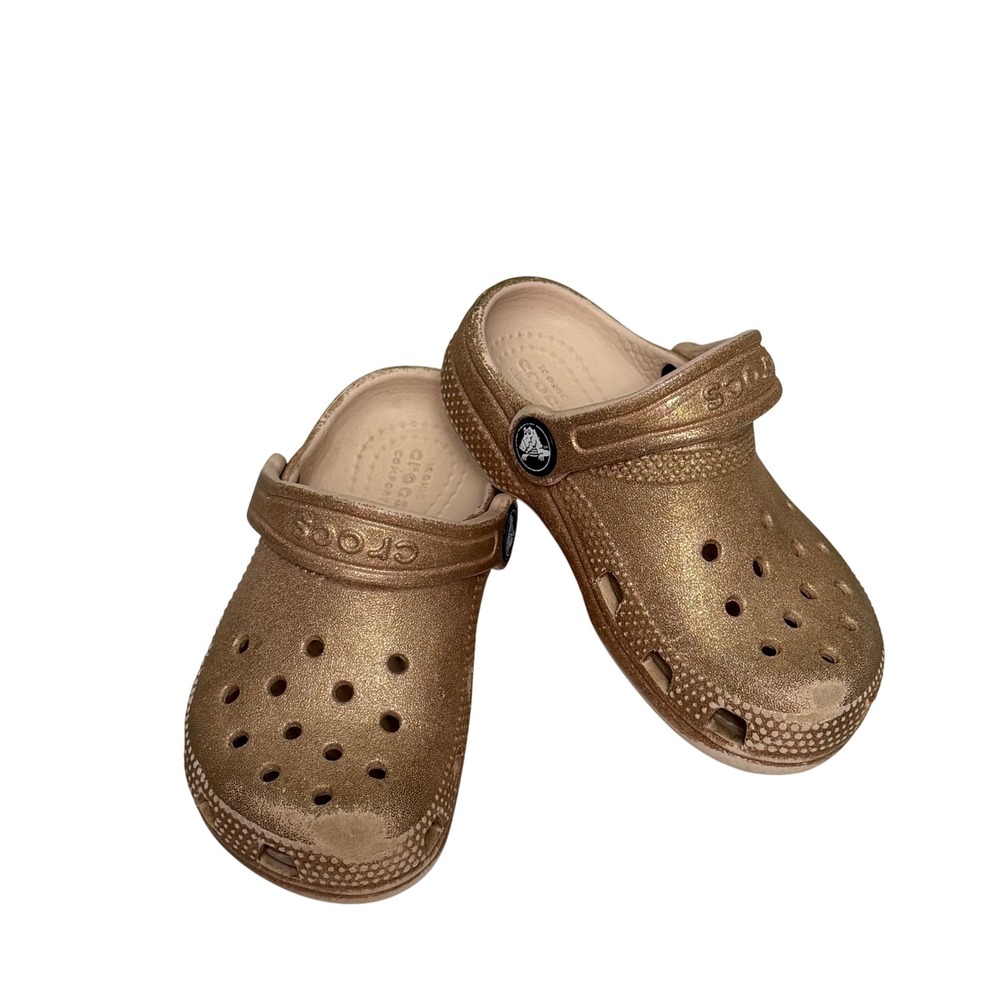Crocs Classic Clog Kids Gold Glitter Metallic Sparkly Slip On Sandals Size C8 - Picture 1 of 6